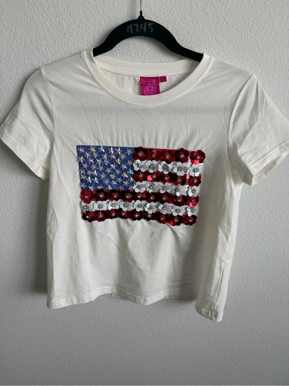 QUEEN OF SPARKLES White Tee with Red, Blue & White Sequin Flag